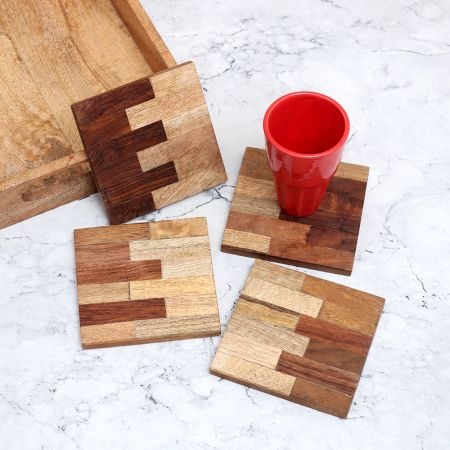 Brown Vintage Style Wooden Coasters - Pack of 4